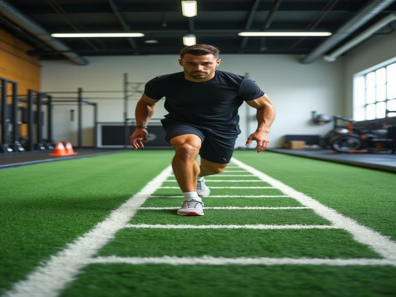 Sportowiec wykonujący ćwiczenia na drabince zwinnościowej na zielonej sztucznej murawie.